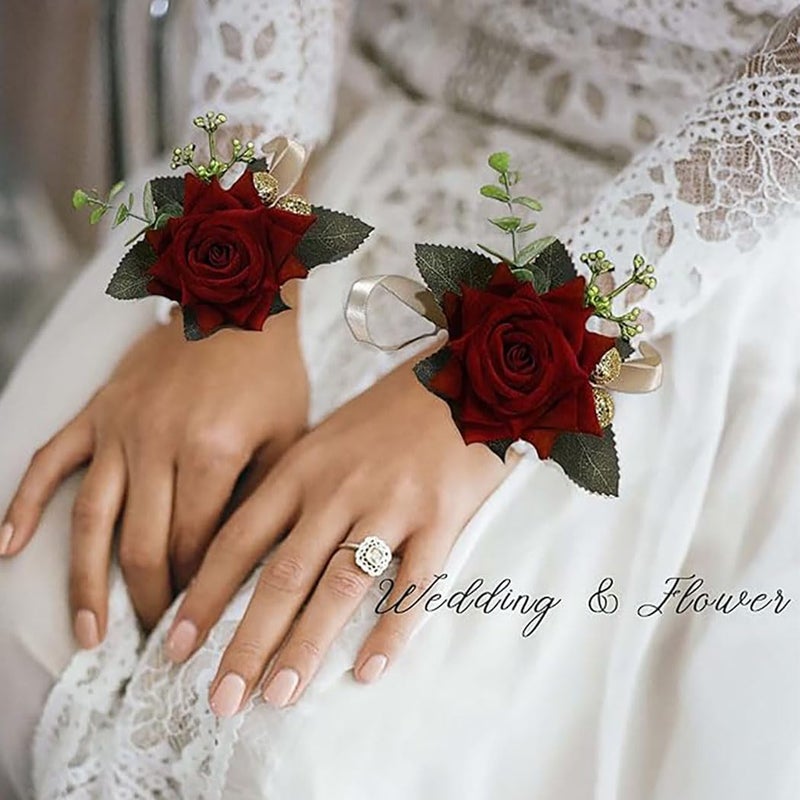 Campsis Red Rose Wrist Corsage, Gold-Accented Artificial Flowers with Satin Ribbon, Wedding and Prom Formal Wear - Image 2